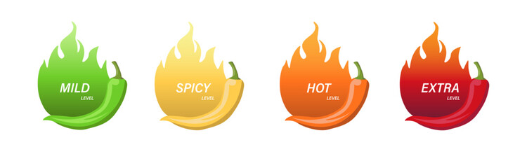 Hot spicy level labels of vector chili. Spicy food or sauce taste scale indicators, green, red, yellow and orange rating signs for hot, extra and mild taste