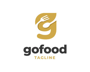 Letter G restaurant logo design with fork and spoon element vector illustration