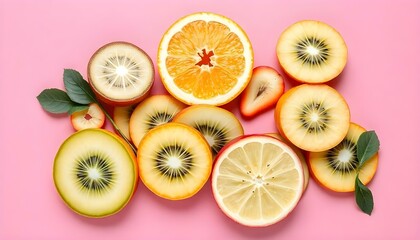 Fototapeta premium Sliced fruits on a pink background