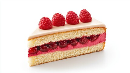 Slice of Raspberry Layer Cake with Fresh Raspberries Close-up of a delicious slice of raspberry layer cake, topped with fresh raspberries and filled with raspberry cream and jam between light sponge 
