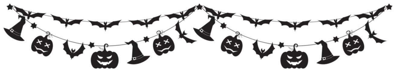 Halloween party decoration garland with bats, pumpkins, witch hat. Cute Jack O Lantern Evil Pumpkin Garland for Halloween. Simple banner hanging party classy decor vector element.