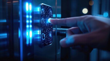 A hand uses a digital keypad to unlock the elevator door.