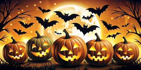 Halloween party invitations with animated pumpkins and bats concept