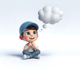 kleiner niedlicher Junge Kind mit Schirmmütze vor weißem Hintergrund sitzt lächend nachdenklich mit Erkenntnis Blick nach oben zu leerer freier Gedankenblase wie Wolke, überlegen, erkennen, Vorlage