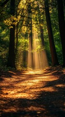 Naklejka premium Majestic Redwood Forest: Sunlight Filtering Through Towering Trees
