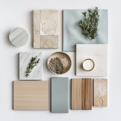 modern minimalist moodboard including: pietra di trani, brass, light blue fabric, mediterranean wood, un rametto di rosmarino. on a neutral white background