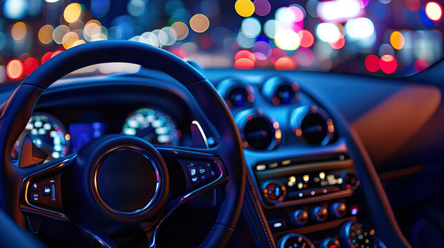 Luxury Car Interior with Steering Wheel and Dashboard at Night with City Lights in Background