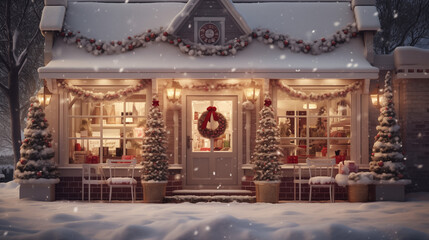 Fototapeta premium Small Christmas Shop With Snow and Lights at Night