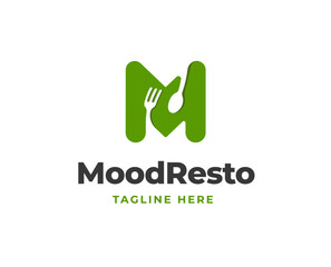 Initial letter M logo with fork and spoon icon for restaurant logo vector illustration