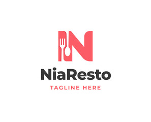 Initial letter N logo with fork and spoon icon for restaurant logo vector illustration