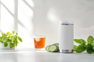 Fototapeta premium A refreshing scene with a white insulated tumbler, cucumber slices, and iced tea.