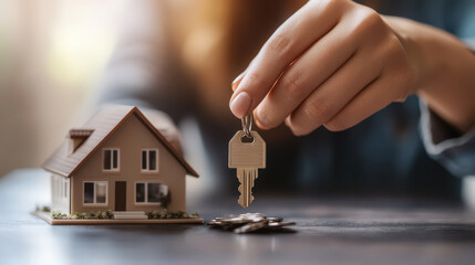 Obraz premium Hand Holding Key Over House Model on Table