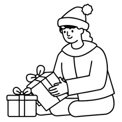 Person wrapping Christmas presents, outline drawing, holiday theme with gifts