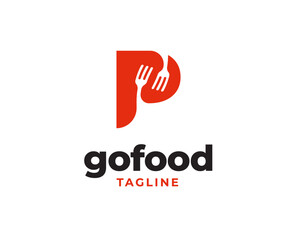 Initial letter P logo with fork icon for restaurant logo vector illustration