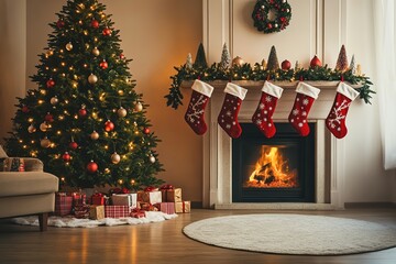 Cozy holiday setting with fireplace and Christmas tree