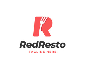 Initial R letter logo with fork icon for restaurant logo vector illustration
