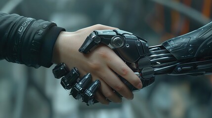 A realistic close-up of a human hand shaking hands with an AI-powered robotic hand, symbolizing the collaboration between humans and technology.