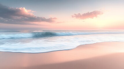 Obraz premium A serene beach scene at sunset, featuring gentle waves lapping the shore, soft pastel colors, and a tranquil atmosphere.