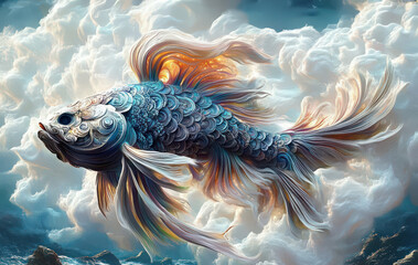 a Fish floating Through white Clouds