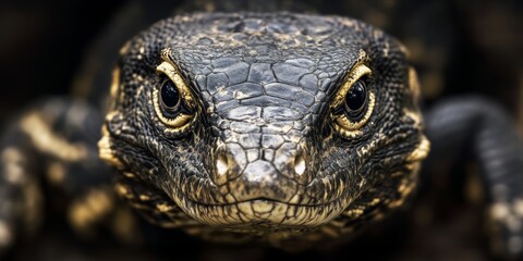 Macro shot of a monitor lizard's face, emphasizing intricate scales and vivid golden eyes