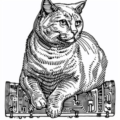 A large, chubby cat sketched in fine black lines. It's a black and white illustration. A coloring sketch.