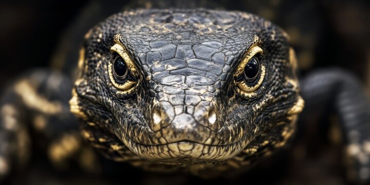 Macro shot of a monitor lizard's face, emphasizing intricate scales and vivid golden eyes