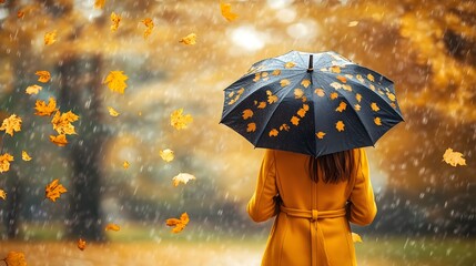 A woman in an elegant yellow coat walks through the rain, holding a black umbrella with small gold leaves on it
