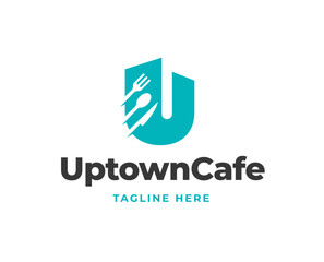 Initial U letter logo design with fork and spoon icon for restaurant logo vector illustration