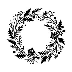 Hand Drawn Retro Vintage Christmas Wreath, in Black and White, Vector Line Art, Illustration, black outline, silhouette, 1950s mid century modern wreath, Bow Wreath