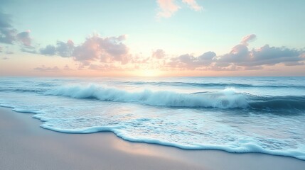 Obraz premium A serene view of a beach at sunset, with gentle waves lapping against the shore under a pastel sky.