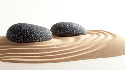 Smooth black stones resting on softly rippled sand, creating a serene and tranquil atmosphere in a minimalist design.