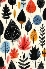 Stylized leaves in fall colors depicted in a stylized black and white illustration