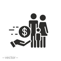 financial assistance family icon, fund child allowance, cash social help, government support wellbeing, care poor, flat vector illustration