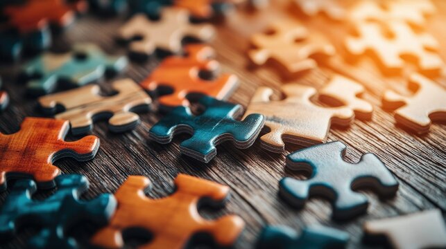 A close-up shot of interlocking jigsaw puzzle pieces scattered across a wooden table, some fitting together perfectly while others remain unplaced, bright lighting.