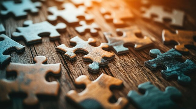 A close-up shot of interlocking jigsaw puzzle pieces scattered across a wooden table, some fitting together perfectly while others remain unplaced, bright lighting.