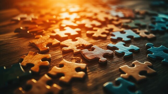A close-up shot of interlocking jigsaw puzzle pieces scattered across a wooden table, some fitting together perfectly while others remain unplaced, bright lighting.
