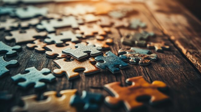 A close-up shot of interlocking jigsaw puzzle pieces scattered across a wooden table, some fitting together perfectly while others remain unplaced, bright lighting.