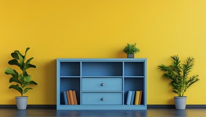 Fototapeta premium Blue shelving unit with two drawers against yellow wall, two plants on either side.