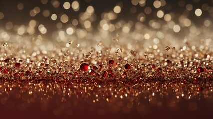 Bright golden and red bokeh light abstraction creates a warm and festive atmosphere with sparkling highlights and depths.