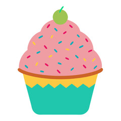 Festive Cupcake with Sprinkles: A cheerful cupcake with pink frosting, colorful sprinkles, and a green cherry topping. Perfect for celebrations, birthdays, and sweet treats.  