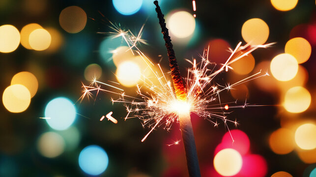 New Year's Eve Party Celebration with Sparkling Sparklers and Bokeh Lights in the Background