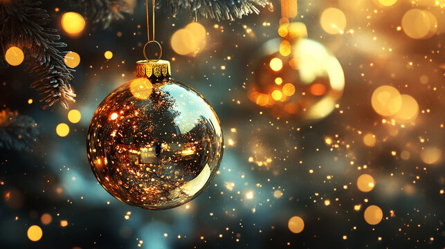 Christmas Light Decorations with Gold Confetti, Glass Ornaments, and Bokeh in a Glowing Golden Winter Night Background