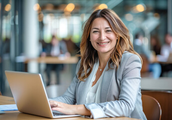 Cheerful Businesswoman Working on Laptop in Modern Cafe. A middle-aged Caucasian woman with wavy blonde hair, wearing a grey blazer, working happily in a cafe.
