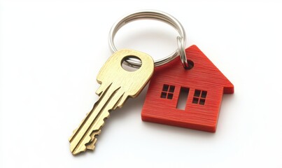 Golden Key with Red House Keychain on White Background