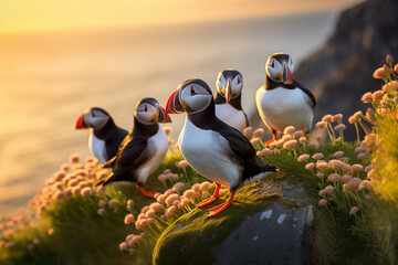 Puffin  at outdoors in wildlife. Animal