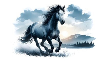 Watercolor-style illustration of a horse running in an open field