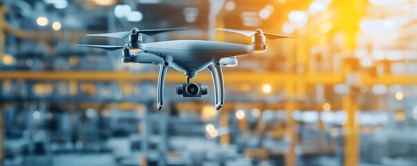A drone hovers in an industrial setting, showcasing modern technology and innovation in aerial photography and logistics.