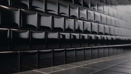 Fototapeta premium A long angle view of glossy black tiles, showcasing a modern and reflective surface that adds depth to any space.
