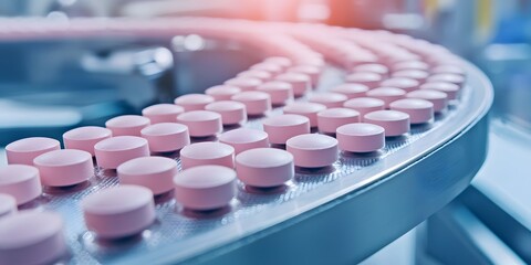 Close-up of pink tablets on a production line in a pharmaceutical facility showcasing modern manufacturing processes.