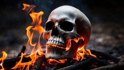 A human skull sits on the ground, engulfed in flames, creating a dramatic and intense scene that evokes themes of mortality.